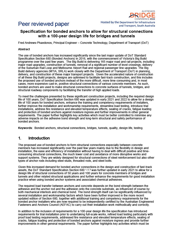 Cover of Specification for bonded anchors to allow for structural connections with a 100-year design life for bridges and tunnels