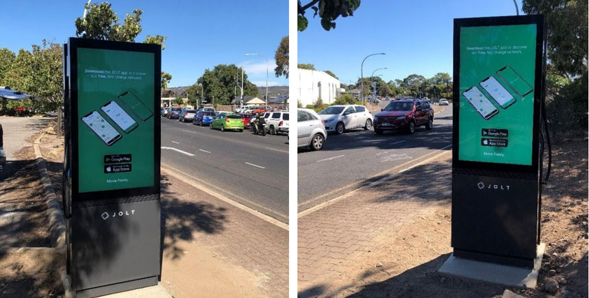 An image of the first Jolt charging station built in South Australia. It displays an advertisement for the Jolt app.