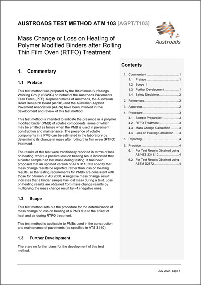 Cover of Mass Change or Loss on Heating of  Polymer Modified Binders after Rolling  Thin Film Oven (RTFO) Treatment