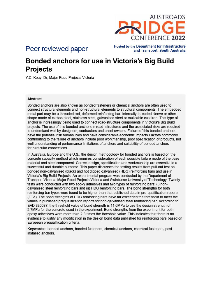 Cover of Bonded anchors for use in Victoria's Big Build Projects