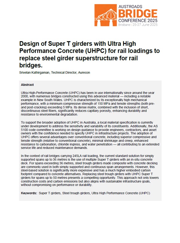 Cover of Design of Super T Girders with Ultra High Performance Concrete (UHPC) for Rail Loadings to Replace Steel Girder Superstructure for Rail Bridges