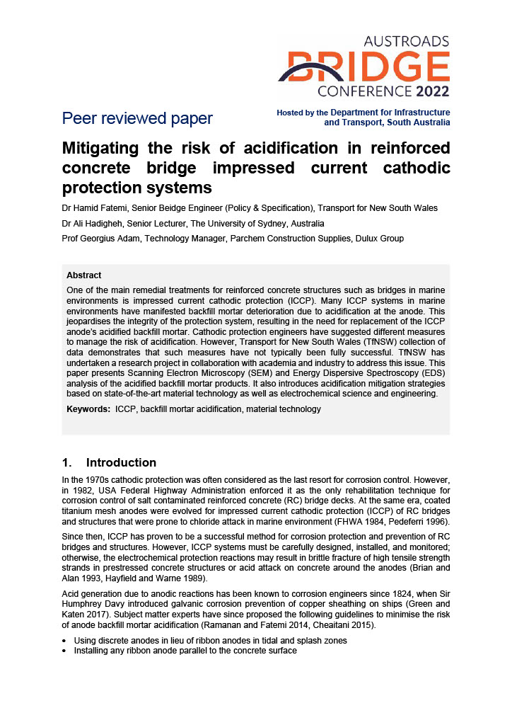 Cover of Mitigating the risk of acidification in reinforced concrete bridge impressed current cathodic protection systems