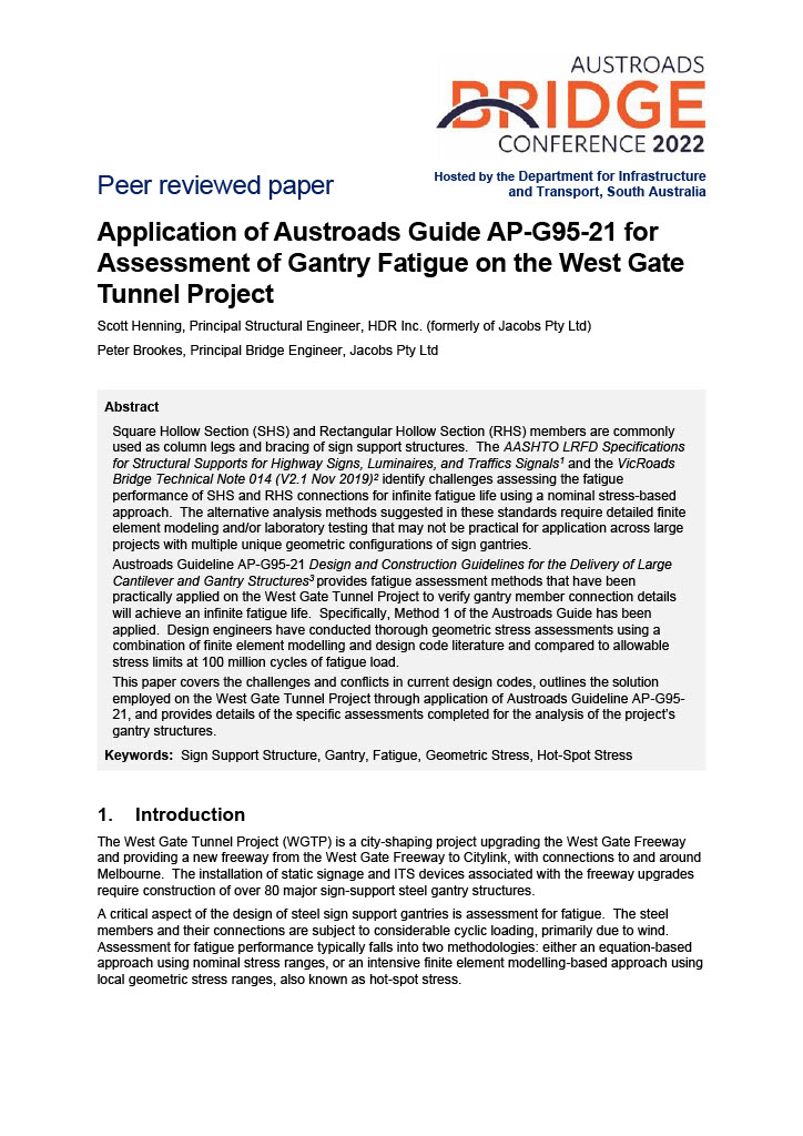 Cover of Application of Austroads Guide AP-G95-21 for Assessment of Gantry Fatigue on the West Gate Tunnel Project