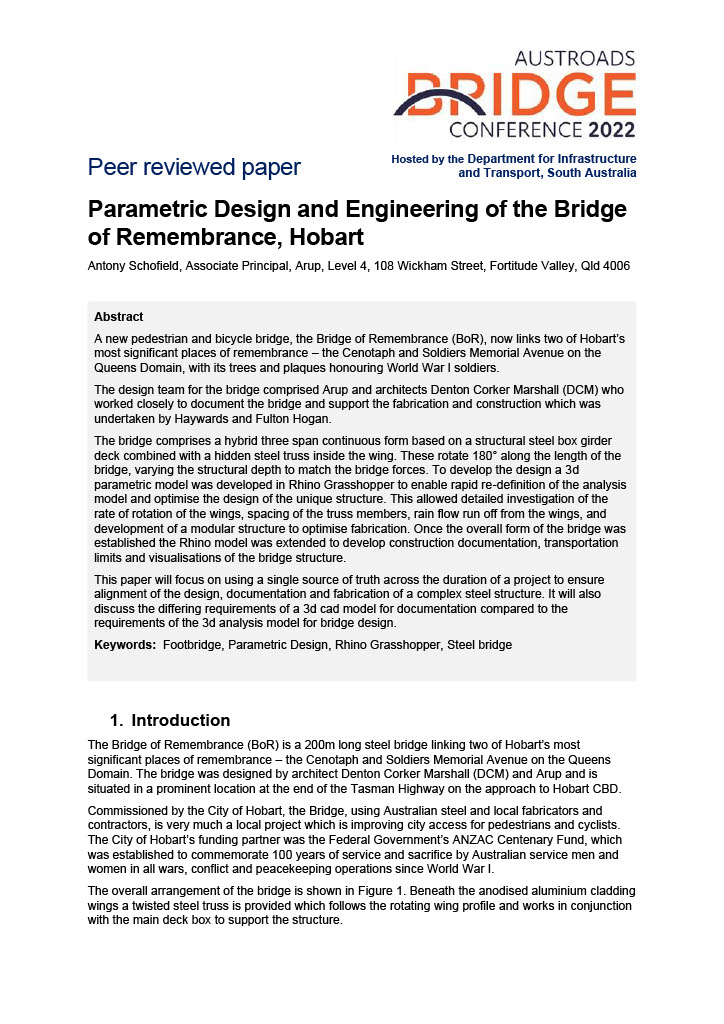 Cover of Parametric Design and Engineering of the Bridge of Remembrance, Hobart
