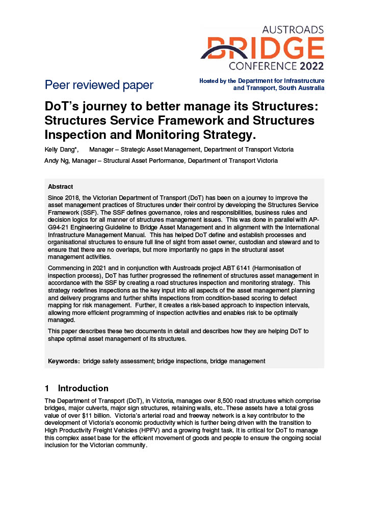 Cover of DoT's journey to better manage its Structures: Structures Service Framework and Structures Inspection and Monitoring Strategy