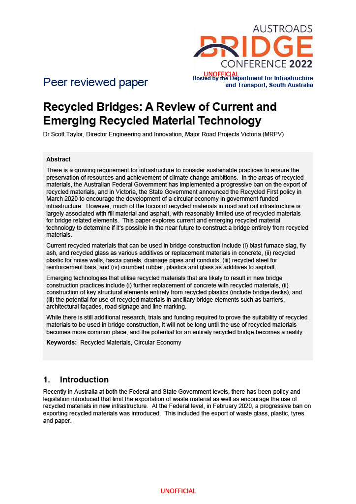 Cover of Recycled Bridges: A Review of Current and Emerging Recycled Material Technology