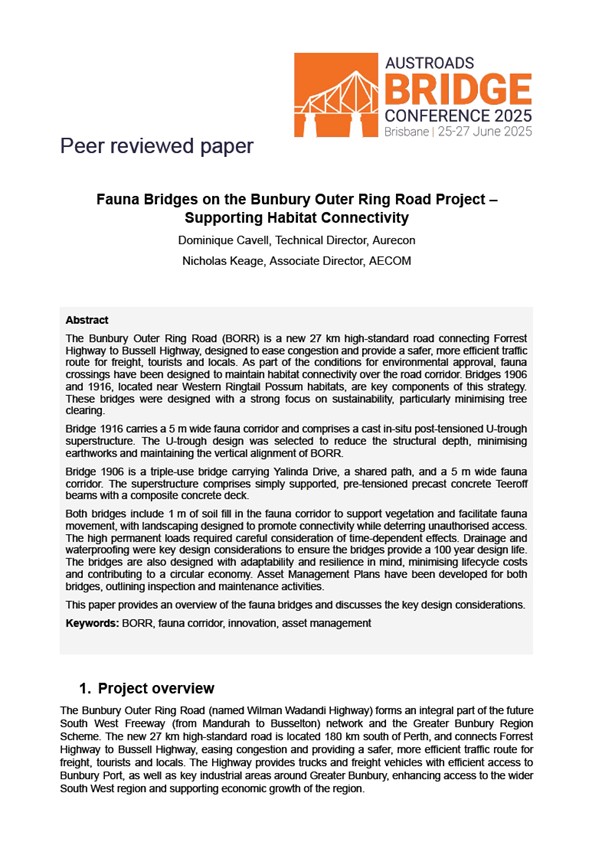 Cover of Fauna Bridges on the Bunbury Outer Ring Road Project – Supporting Habitat Connectivity