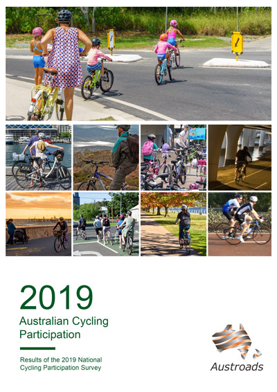 Cover of the National Cycling Participation Survey report 2019 showing people riding bicycles in each state and territory of Australia