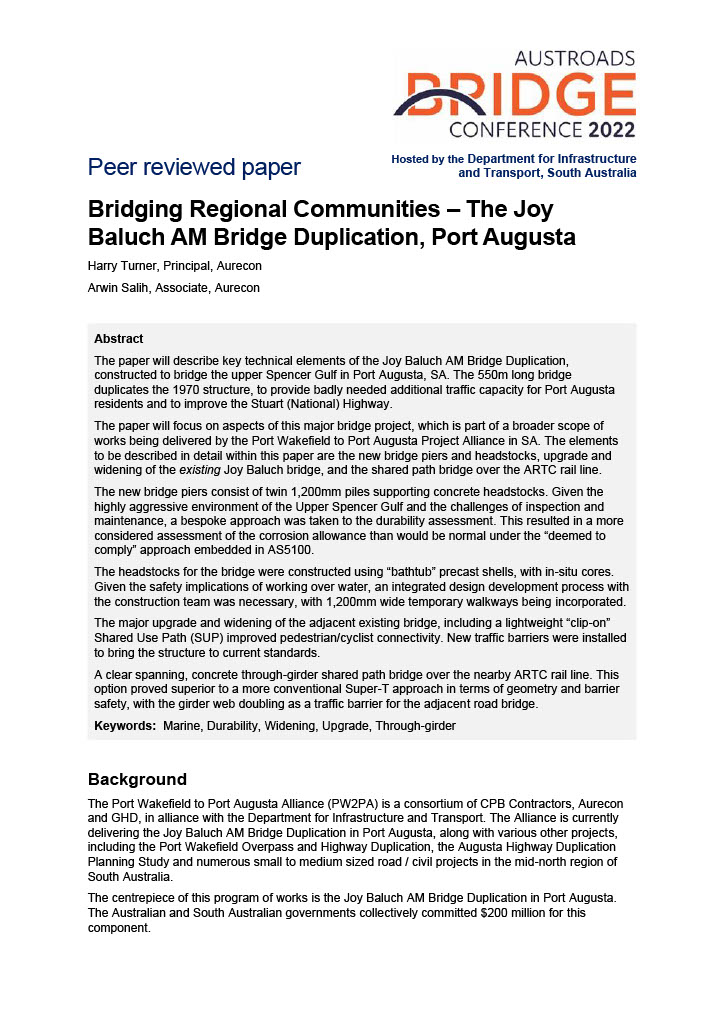 Cover of Bridging Regional Communities - The Joy Baluch AM Brifge Duplication, Port Augusta