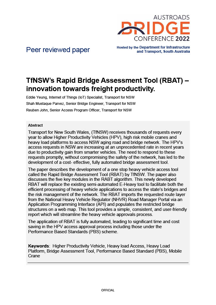 Cover of TfNSW's Rapid Bridge Assessment Tool (RBAT) - innovation towards freight productivity