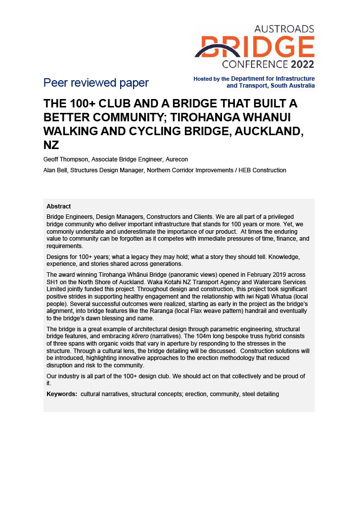 Cover of The 100+ club and a bridge that built a better community; Tirohanga Whanui walking and cycling bridge, Auckland, NZ