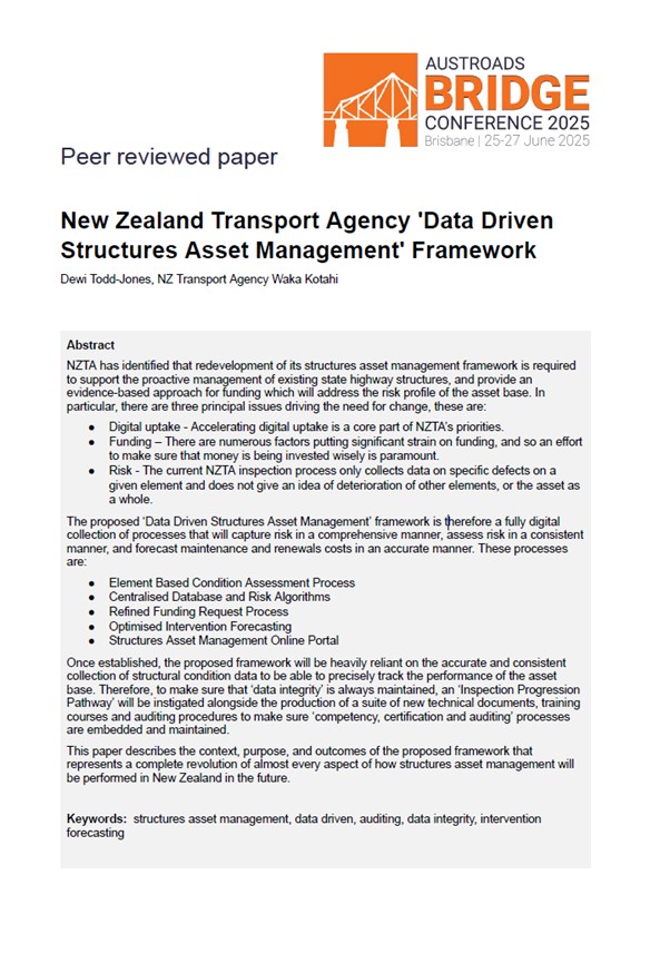 Cover of New Zealand Transport Agency 'Data Driven Structures Asset Management' Framework