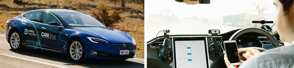 Images showing the external and internal view of a CAN Drive vehicle. The internal view shows a driver using a mobile phone with cameras and sensors recording the driver's behaviour.