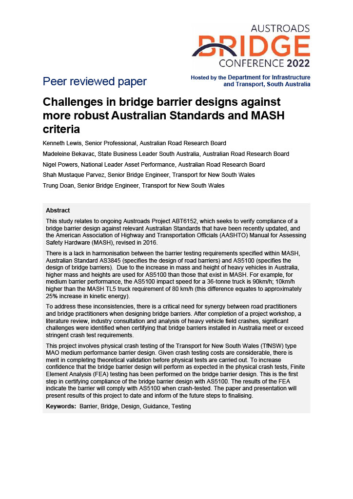Cover of Challenges in bridge barrier designs against more robust Australian Standards and MASH criteria