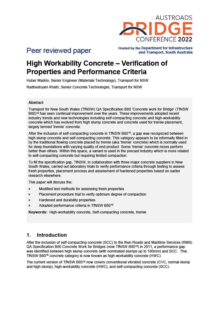Cover of High Workability Concrete - Verification of Properties and Performance Criteria