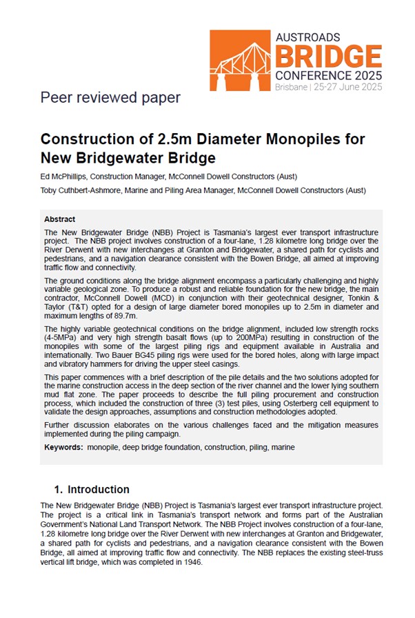Cover of Construction of 2.5m Diameter Monopiles for New Bridgewater Bridge