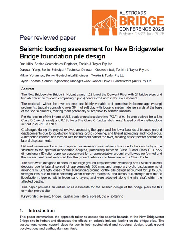 Cover of Seismic Loading Assessment for New Bridgewater Bridge Foundation Pile Design