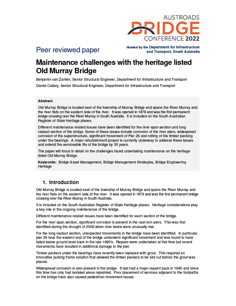 Cover of Maintenance challenges with the heritage listed Old Murray Bridge