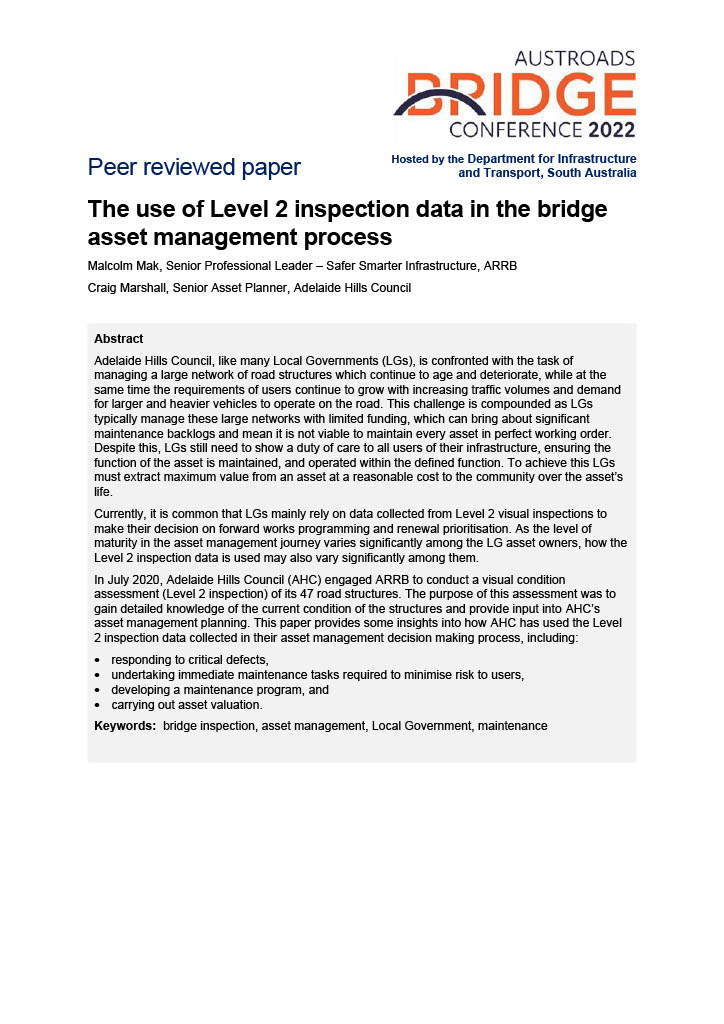 Cover of The use of Level 2 inspection data in the bridge asset management process