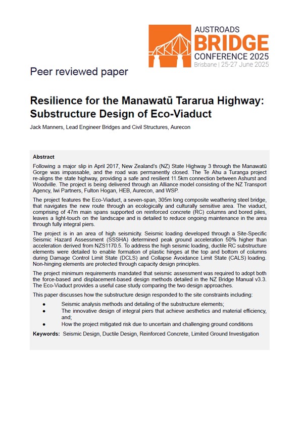 Cover of Resilience for the Manawatū Tararua Highway: Substructure Design of Eco-Viaduct