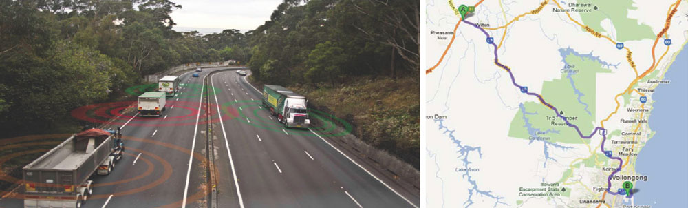 An illustration of connected heavy vehicles on a divided road and a map of the trial area.