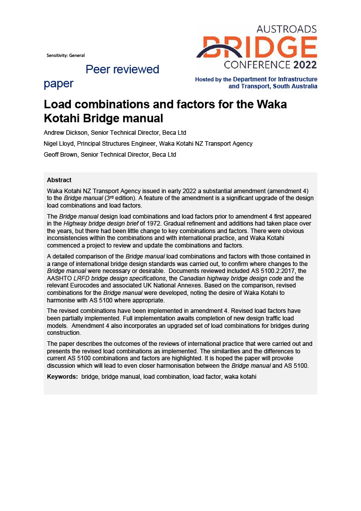 Cover of Load combinations and factors for the Waka Kotahi Bridge manual