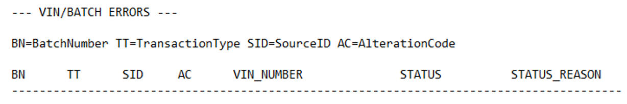 VIN batch error report sample  