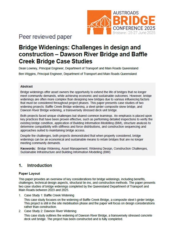 Cover of Bridge Widenings: Challenges in design and construction – Dawson River Bridge and Baffle Creek Bridge Case Studies