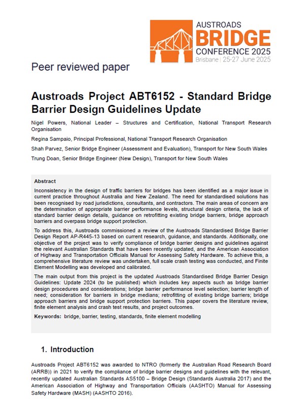 Cover of Austroads Project ABT6152 – Standard Bridge Barrier Design Guidelines Update