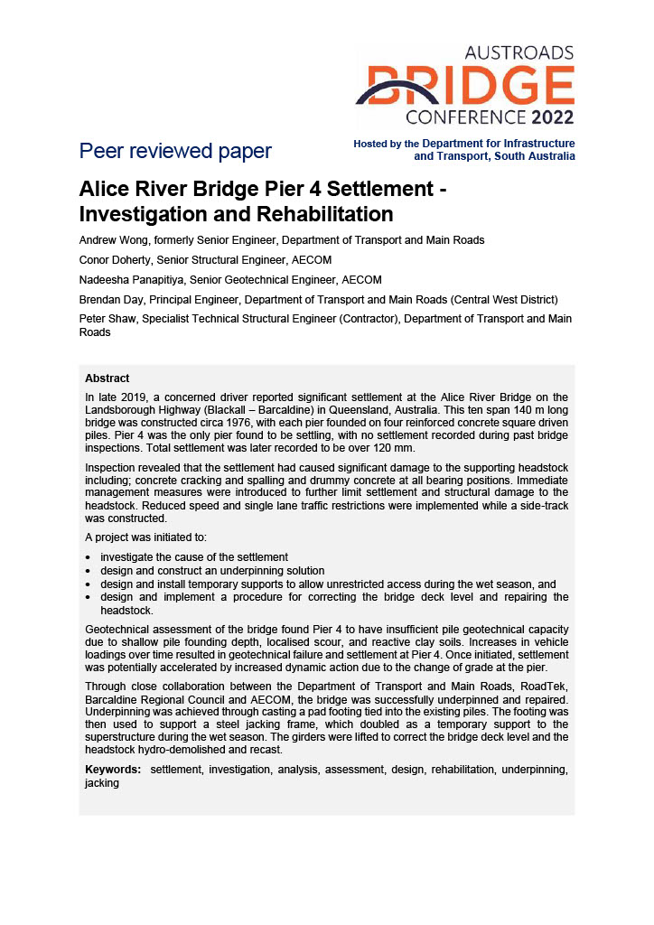 Cover of Alice River Bridge Pier 4 Settlement - Investigation and Rehabilitation