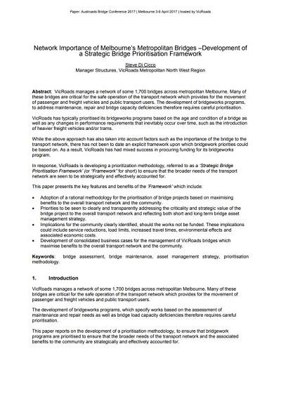 Cover of Network Importance of Melbourne's Metropolitan Bridges: Development of a Strategic Bridge Prioritisation Framework