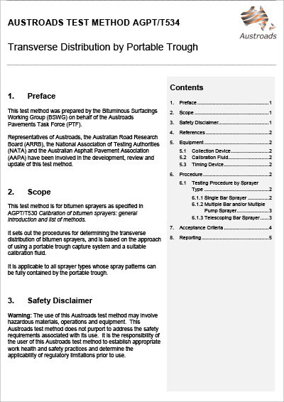 Cover of Calibration of Bitumen Sprayers: Transverse Distribution by Portable Trough